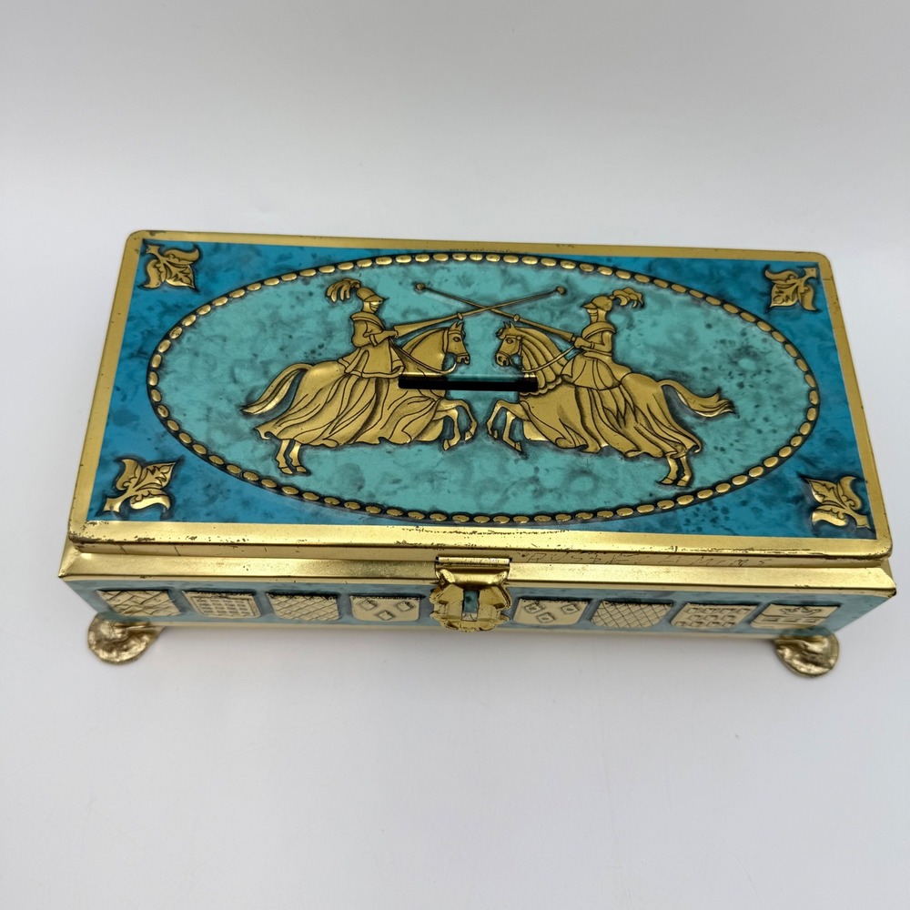 Vintage Medieval Jousting Knights Metal Coin Bank Teal Gold Heraldic Crests
